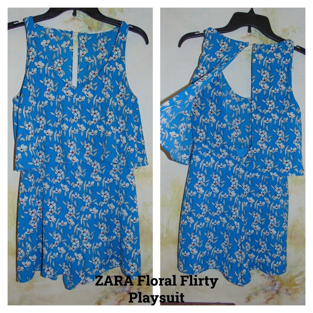 Zara Women’s Sleeveless Open Back Romper in Royal Blue White Floral Playsuit S